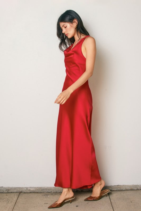 Red Satin Cowl Neck Maxi Dress