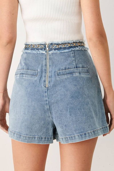 Light Denim Washed Skort w/ Frayed Detail