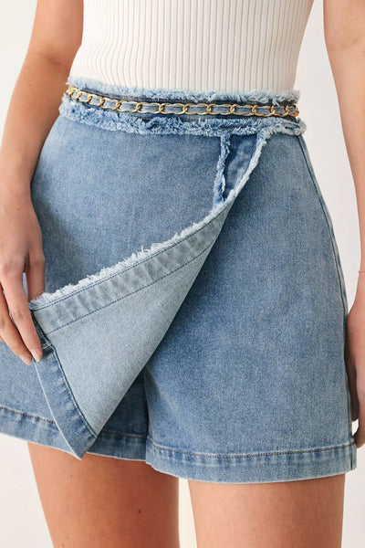 Light Denim Washed Skort w/ Frayed Detail