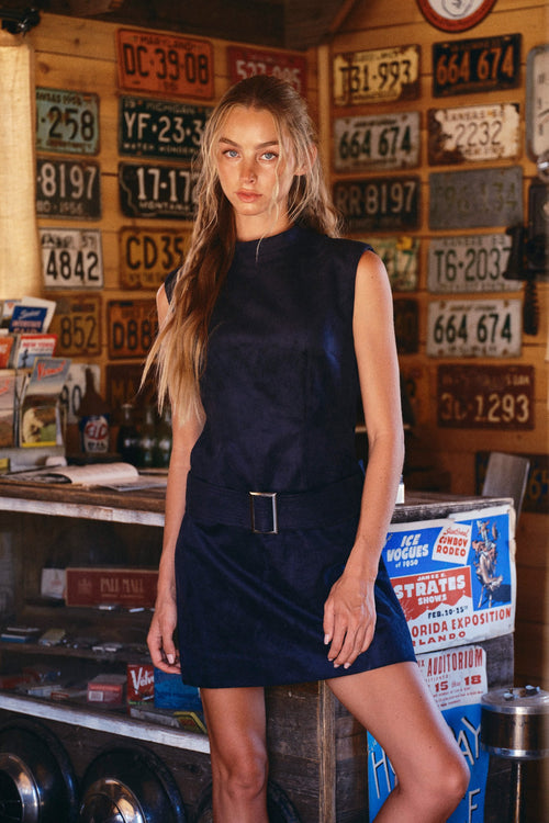 Blue Belted Suede Mock Neck Dress