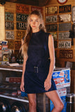 Blue Belted Suede Mock Neck Dress