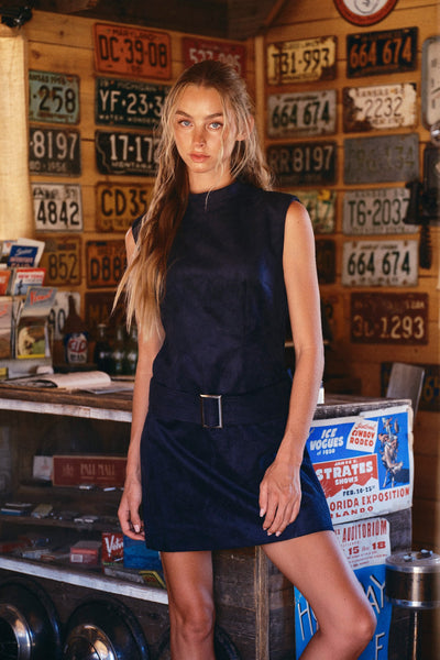 Blue Belted Suede Mock Neck Dress