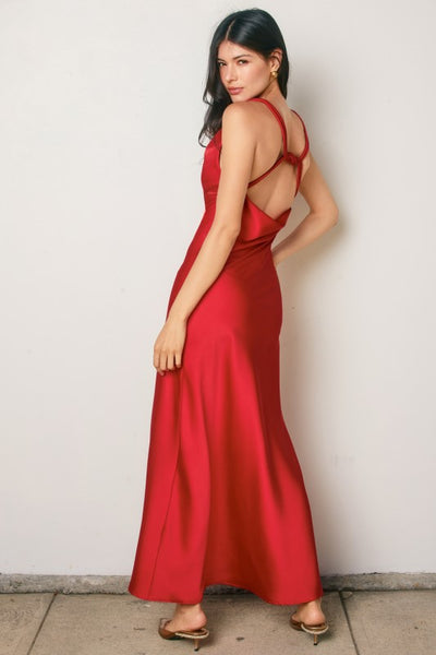 Red Satin Cowl Neck Maxi Dress