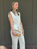 Ivory Shoulder Pad Button Down Jumpsuit