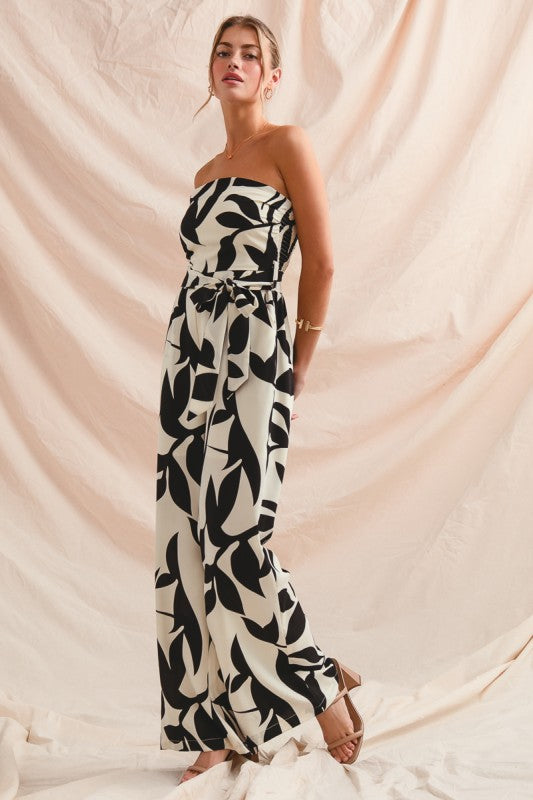 Black & White Printed Smocked Jumpsuit