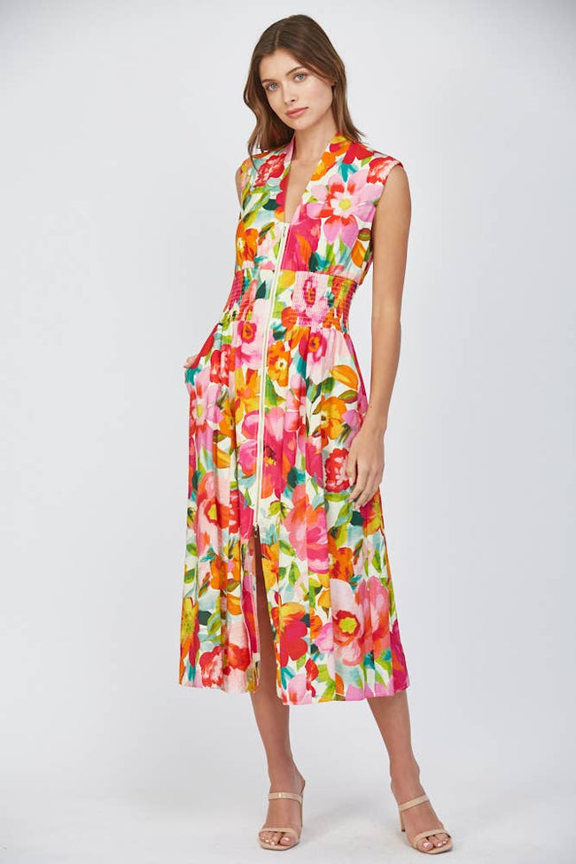 Floral Front Zip Midi Dress
