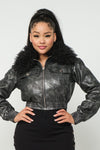 Black Metallic Fur Trim Cropped Jacket