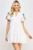 Off White Colored Eyelet Sleeve Embrodery Tiered Mini Dress