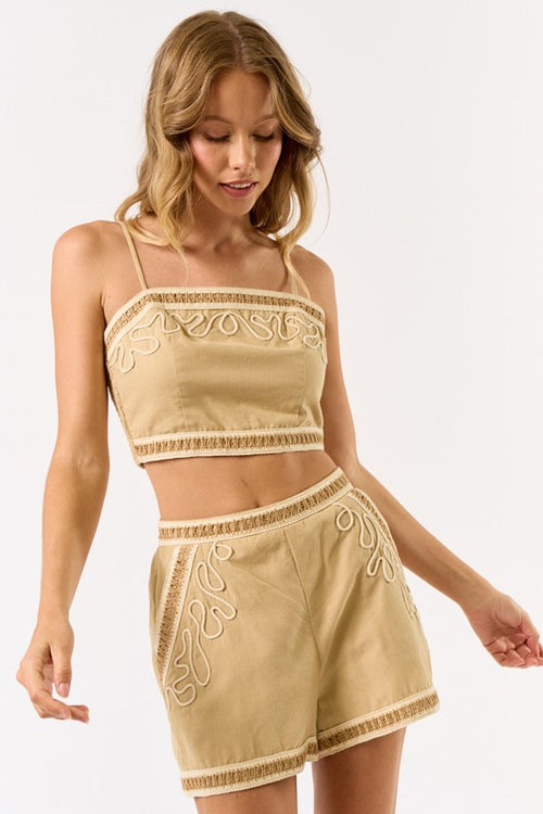 Tan Boho Embroidered Crop Top Set