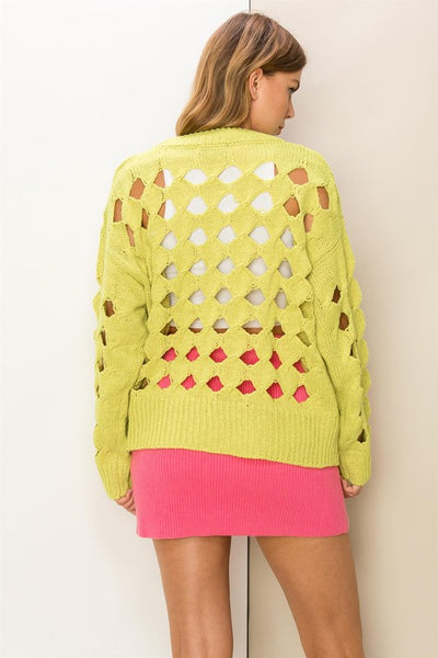 Lime Colored Open Stitch Long Sleeve Sweater