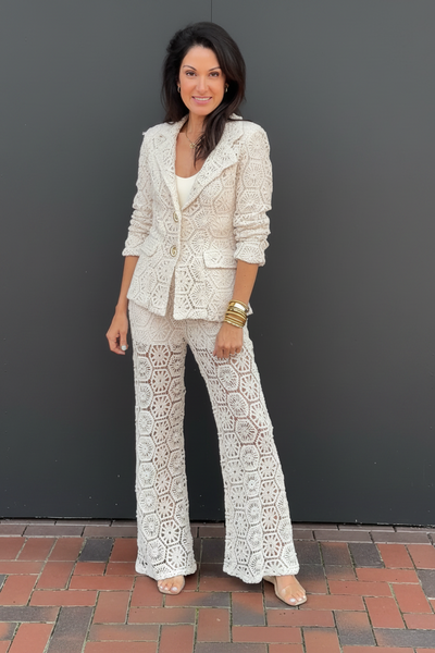 Ivory Woven Blazer and Pant Set with Gold Buttons