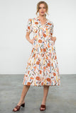 White and Orange Floral V-Neck Midi Dress