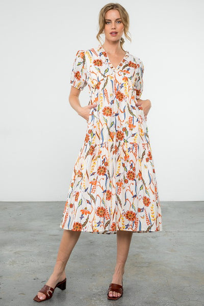 White and Orange Floral V-Neck Midi Dress