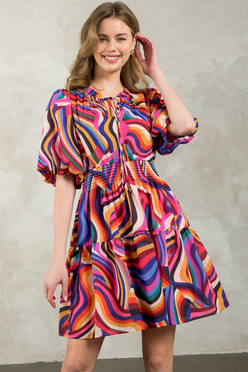 Multi Color Puff Sleeve Dress