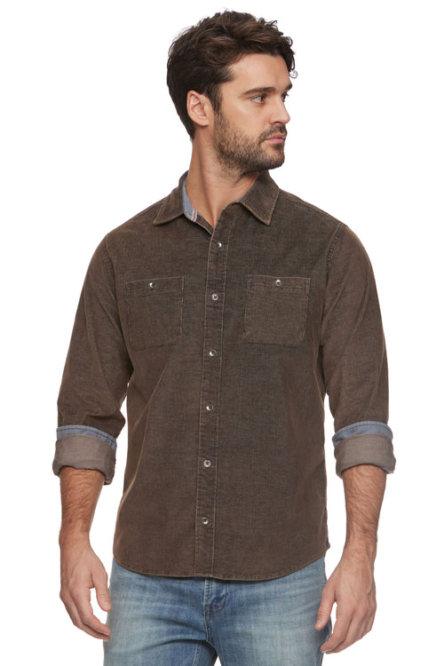 Brown Colored Stretch Corduroy Button Down Shirt