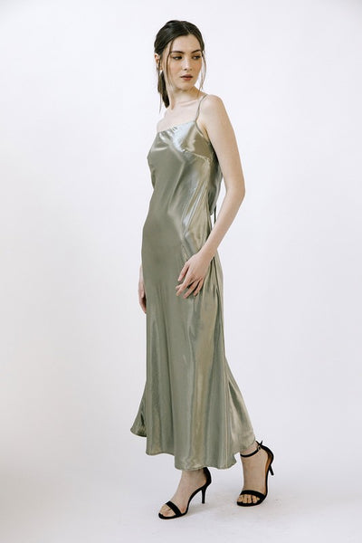 Olive Metallic Foil Satin Slip Midi Dress