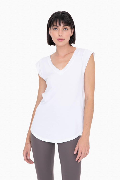 White Colored V Neck Curved Hem T Shirt