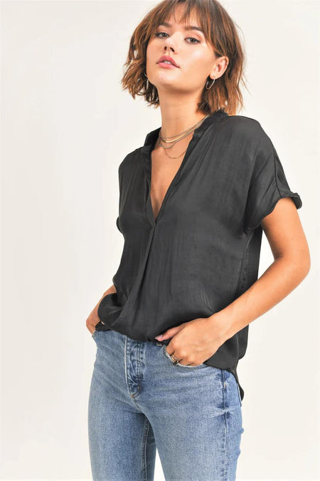 Black Colored Washed Poly Silk Contrast Band Top