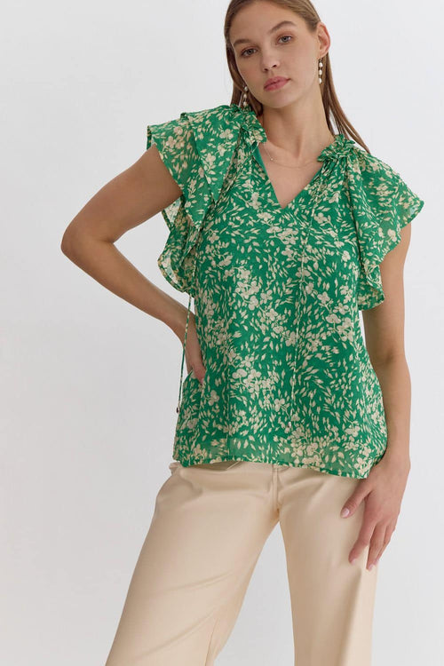 Green Floral Print V Neck Ruffled Sleeve Top