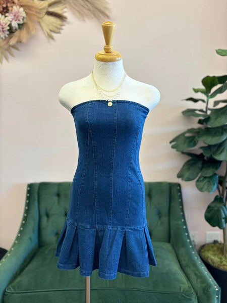 Blue Colored Palm Tree Leaf Print Strapless Maxi Dress