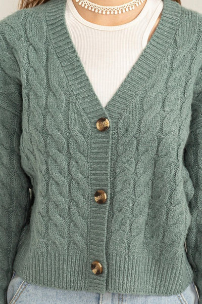 Pale Green Colored Cable Knit Cardigan Sweater