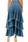 Frayed Denim Ruffled Wrap Skirt