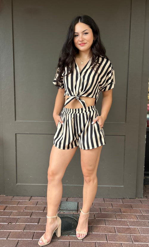 Black and Taupe Striped Cropped Tie Front Short Set
