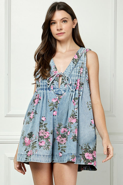 Denim Floral Printed Pleated V Neck Sleeveless Romper
