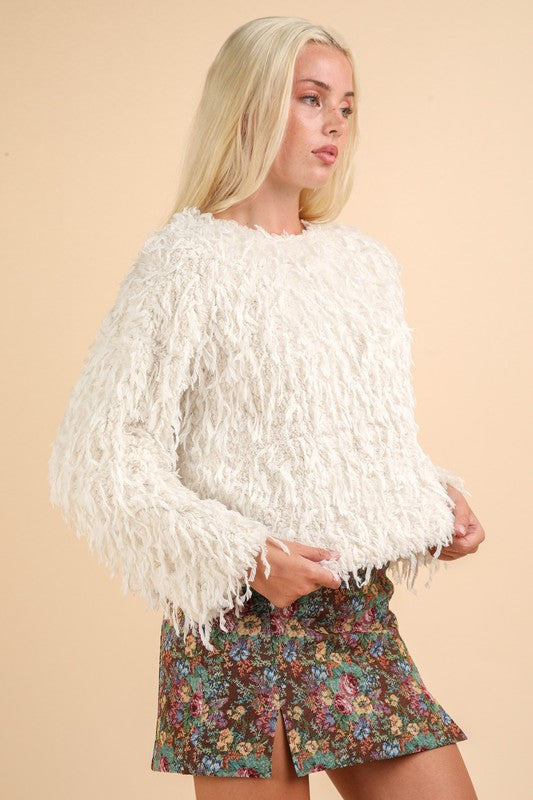 Ivory Fur Knit Top With Velvet Ribbon