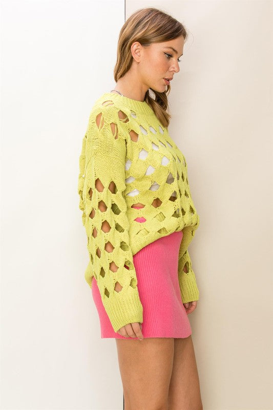 Lime Colored Open Stitch Long Sleeve Sweater