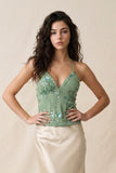 Mint Sage Sequin Floral Embellished Halter Top