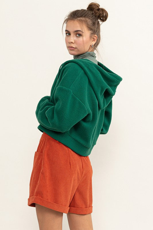 Pine Green Colored Sherpa Cropped Zip Up Hoodie