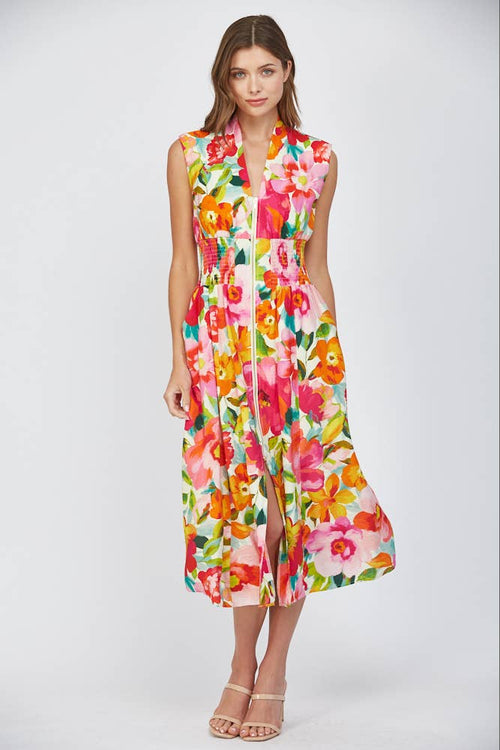 Floral Front Zip Midi Dress