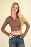 Mocha Fitted Cropped Henley Top