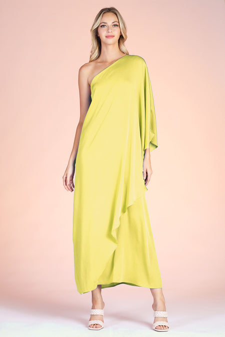 Lime Colored One Shoulder Kimono Sleeve Belted Maxi Dress