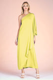 Chartreuse Colored Washed Poly Silk Athena One Shoulder Maxi Dress