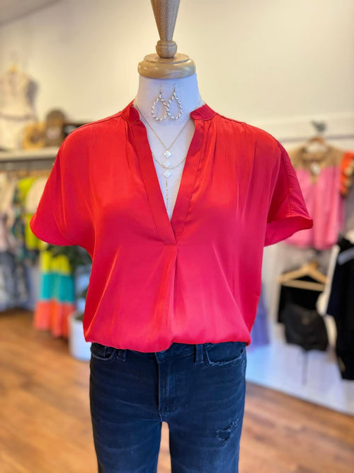 Candy Apple Red Colored Silky V Neck Silk Blouse
