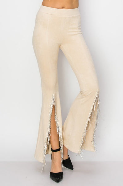 White Suede Rhinestone Fringe Bell Bottoms