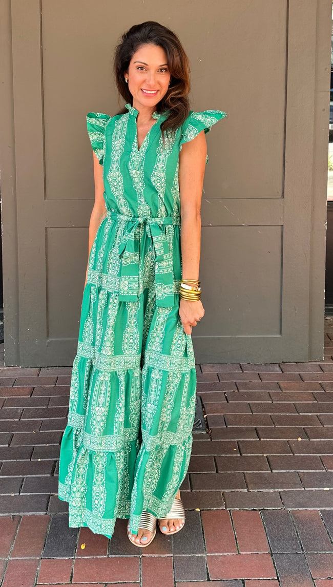 Green Printed Woven Ruffle Detail Midi Dress