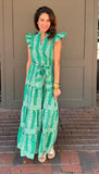 Green Printed Woven Ruffle Detail Midi Dress