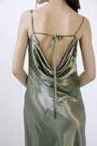 Olive Metallic Foil Satin Slip Midi Dress