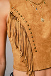 Camel Faux Suede Fringe Top