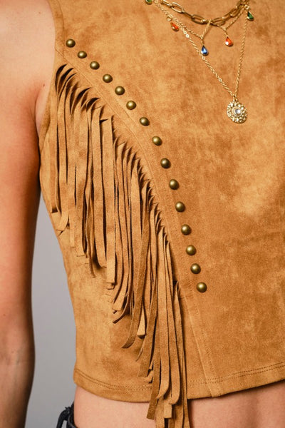Camel Faux Suede Fringe Top
