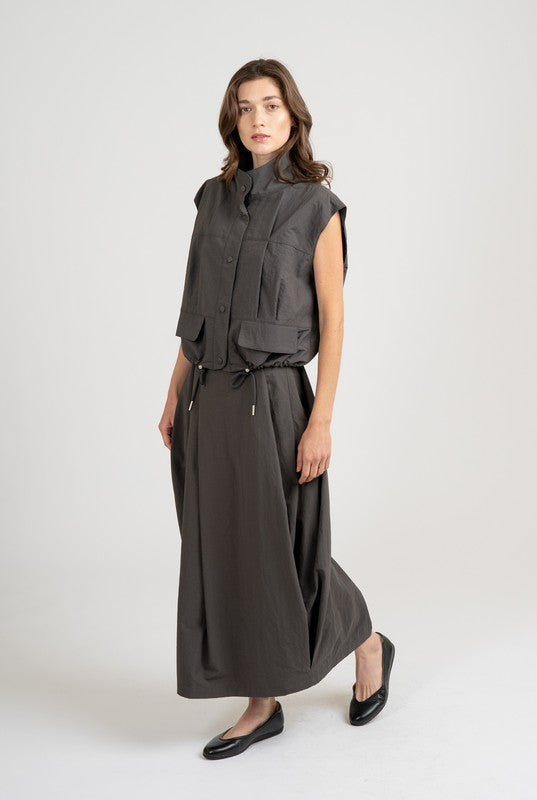 Charcoal Balloon Pleated Long Skirt