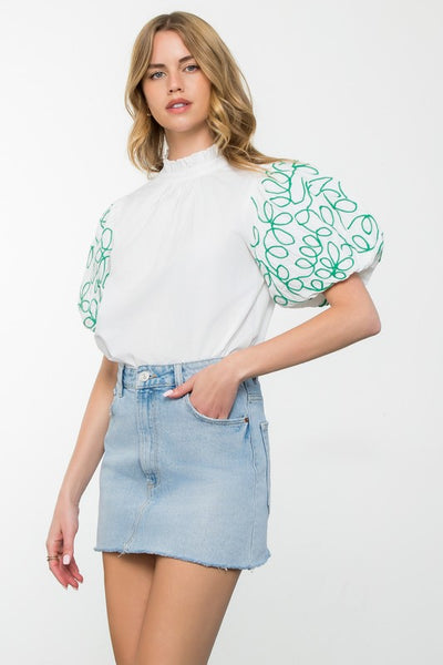 White and Green Embroidered Puff Sleeve Top