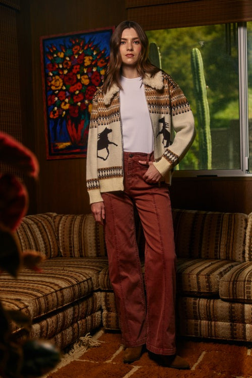 Ivory Western Horse Knit Zip-up Jacket