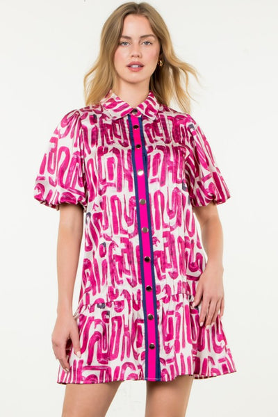 Puff Sleeve Contrast Trim Print Dress