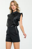Black Colored Faux Leather Ruffle Sleeve Top