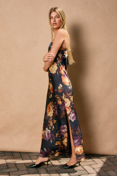 Nightfall Floral Strapless Bias Cut Maxi Dress