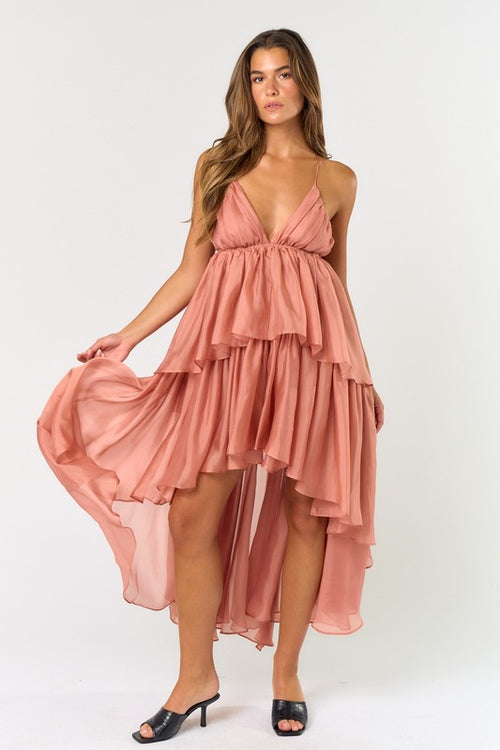 Peach Layered V-Neck Ruffle Dress